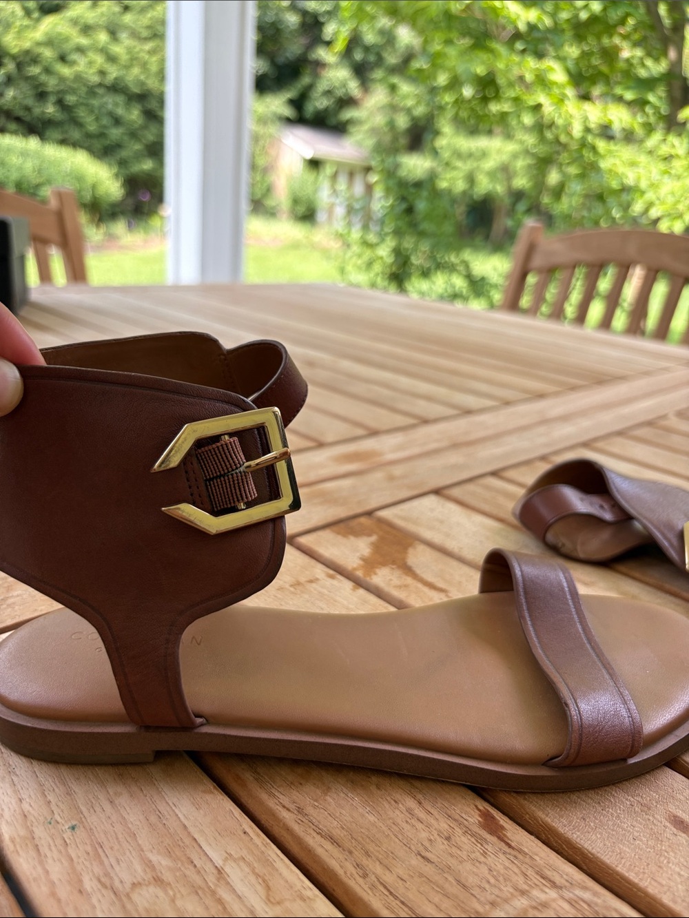 Cole Haan Brown Leather Ankle Strap Sandals with Gold Buckle